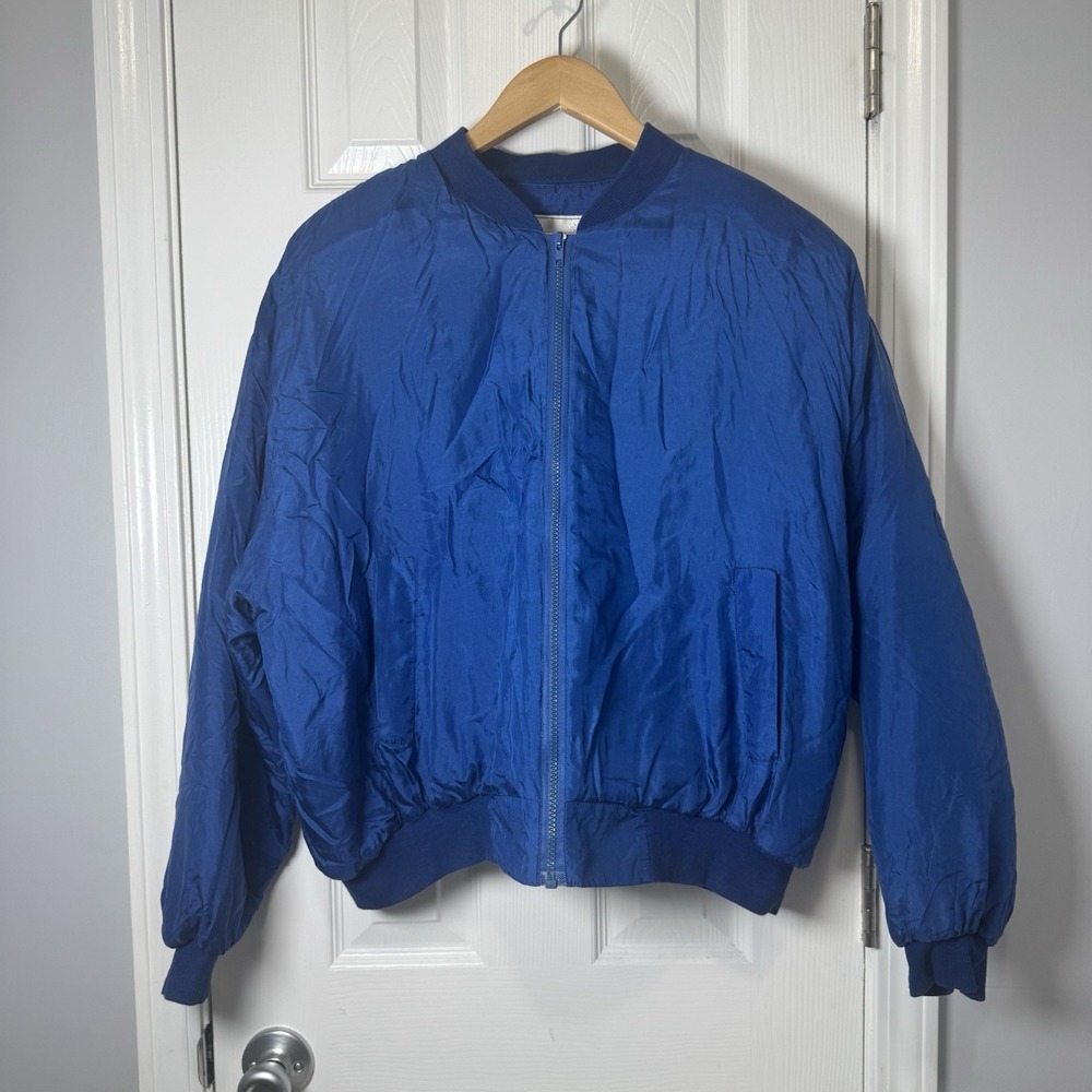 Louis Paris Jacket Women Large Oversized Silk Full‎ Zip Bomber Vtg Blue